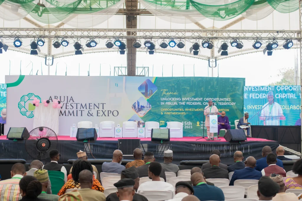 Wide view of the summit stage and audience